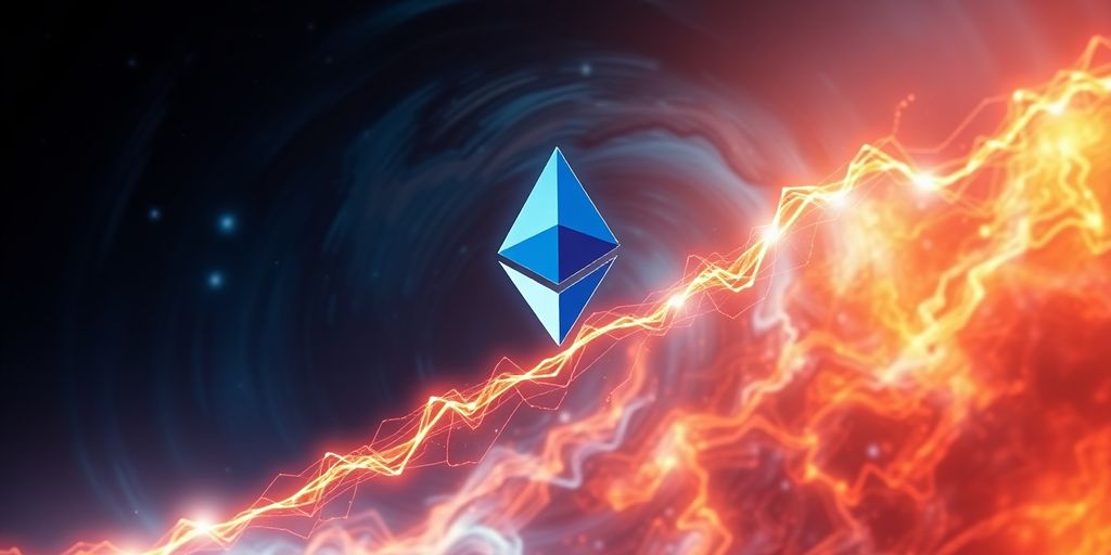 Ethereum logo soaring upwards.