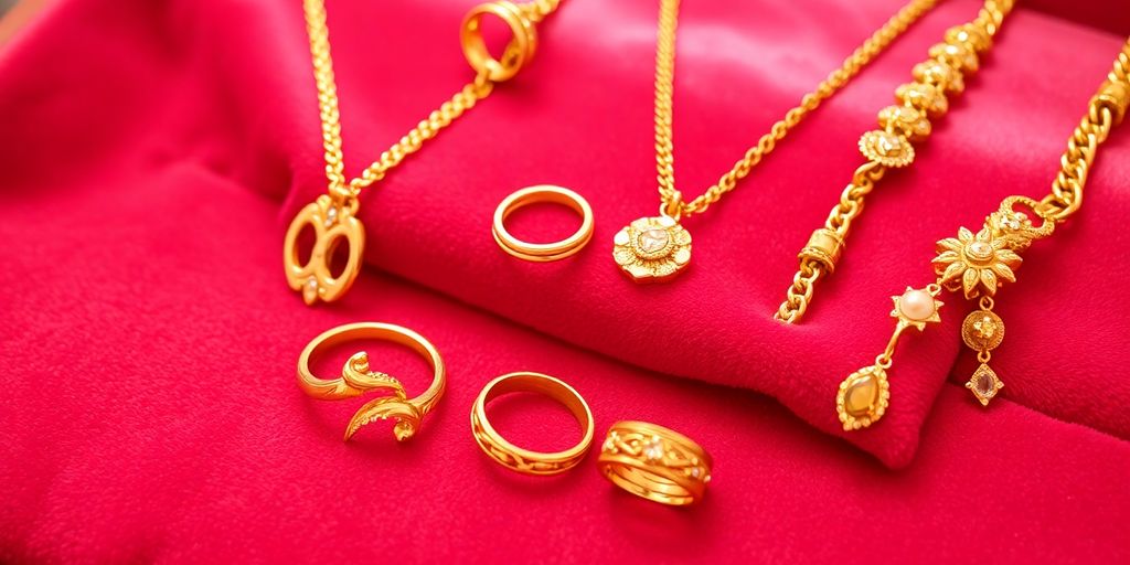 Collection de bijoux en or sur fond en velours.
