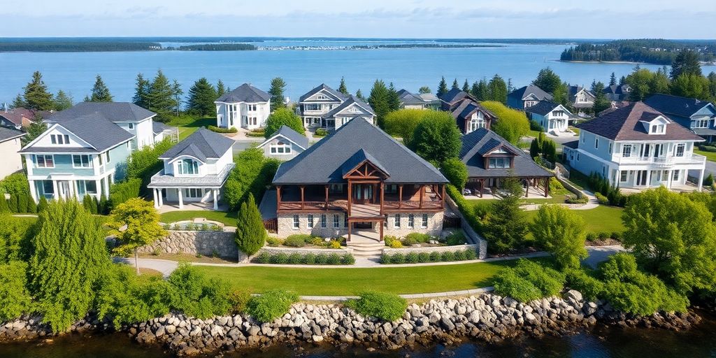 Custom homes in Wasaga Beach with scenic waterfront view.