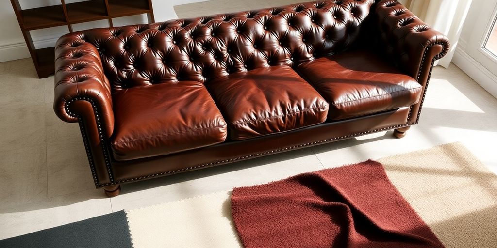 Leather sofa with fabric swatch comparisons.