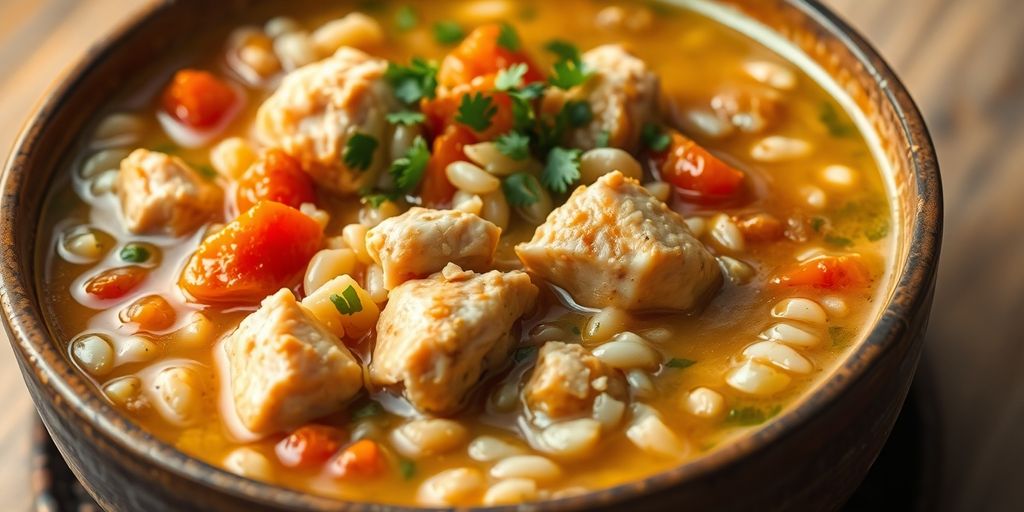 Bowl of chicken and wild rice soup with herbs.