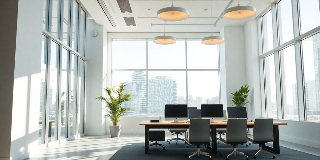 Clean, bright, financial office with subtle, warm lighting.