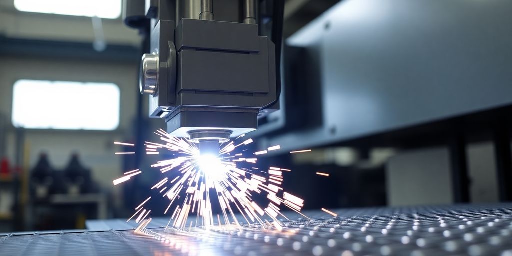 A mesh welding machine working on metal mesh.