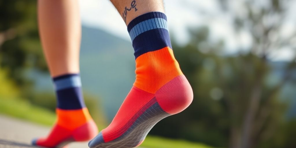 Man wearing colorful support socks while walking outdoors.