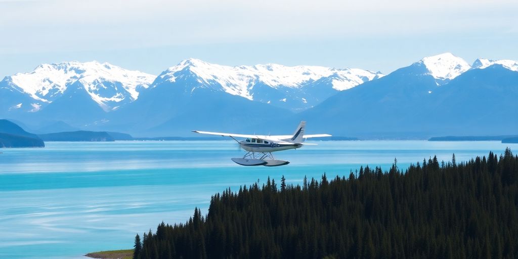 An Alaska seaplane flies over majestic mountains and a bay.