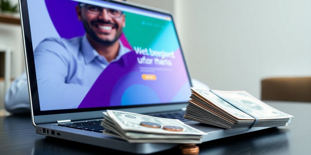 Laptop with business website, money, and smiling entrepreneur.