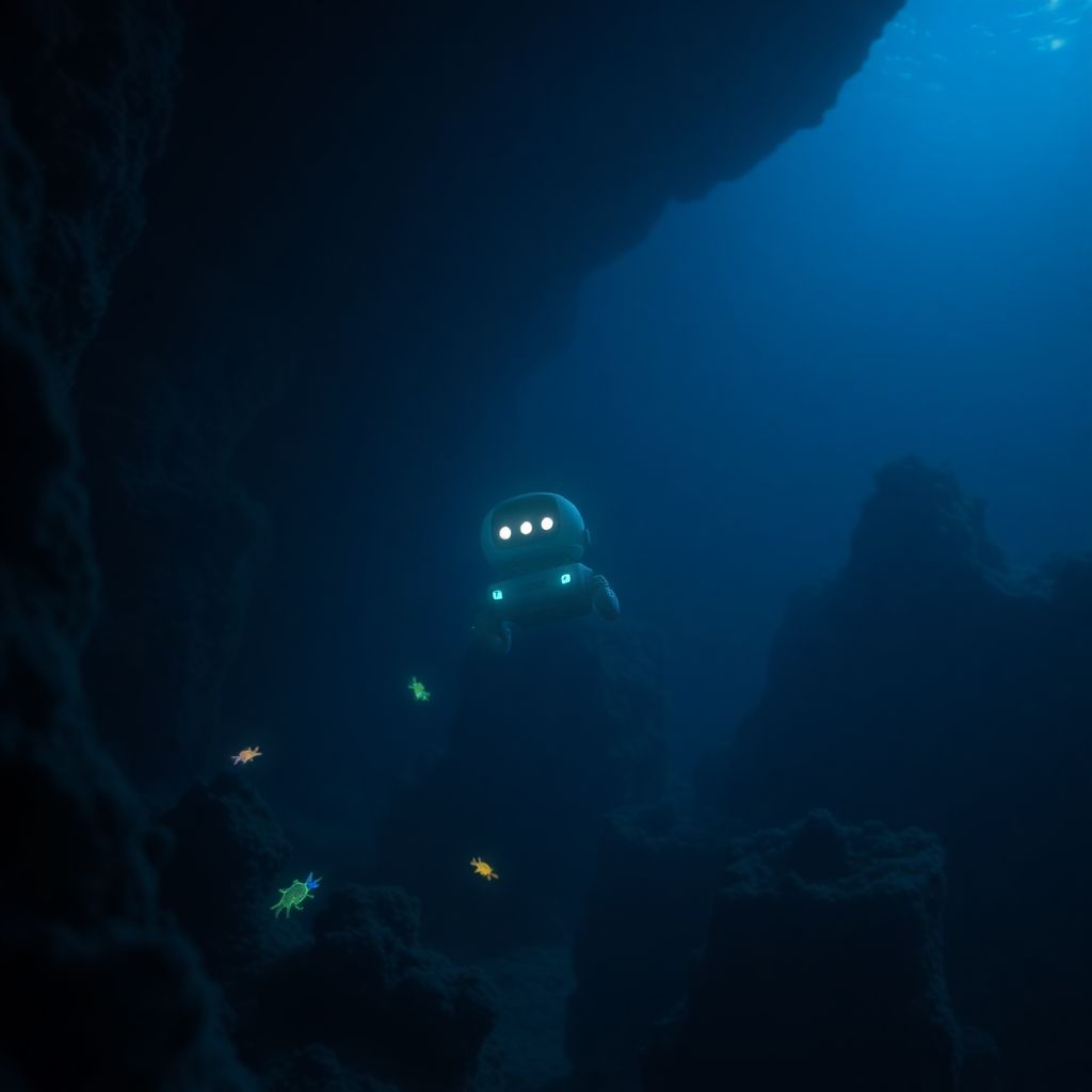 Tiny robot navigating the dark depths of the ocean.