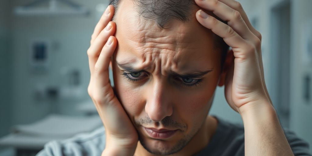 Person holding head in distress in a hospital setting.