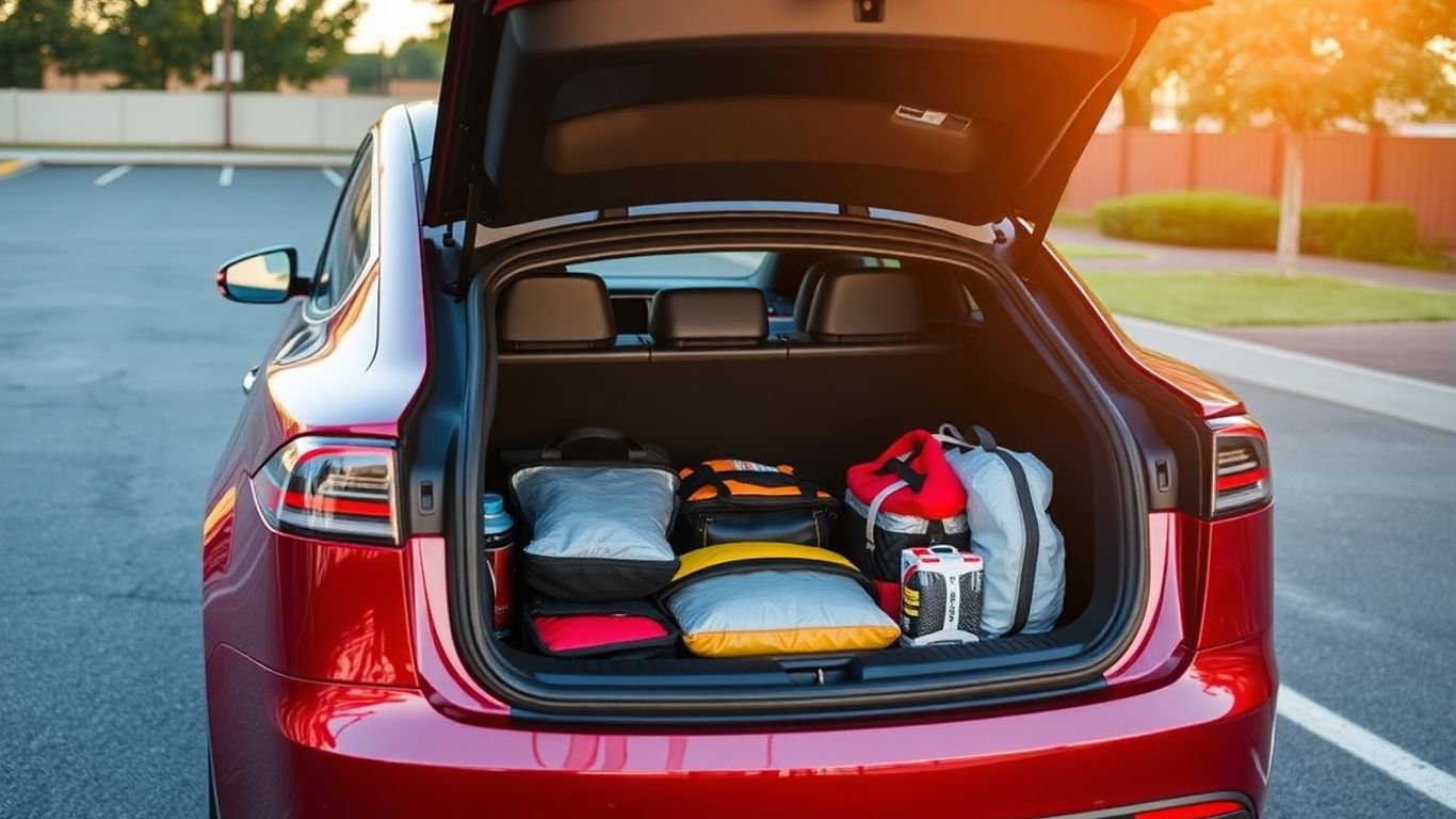Tesla emergency kit items in an open trunk.