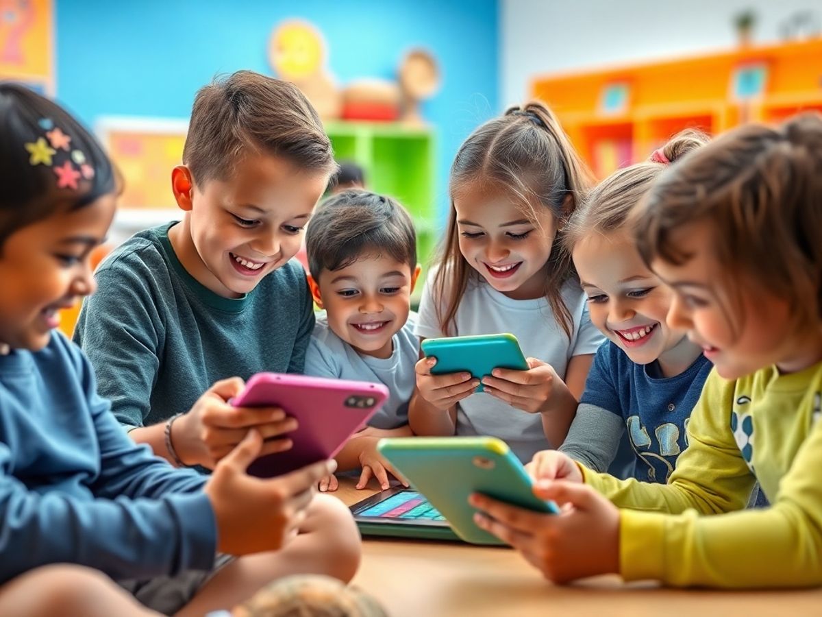 Copii utilizând tehnologia pentru învățare și dezvoltare personală.