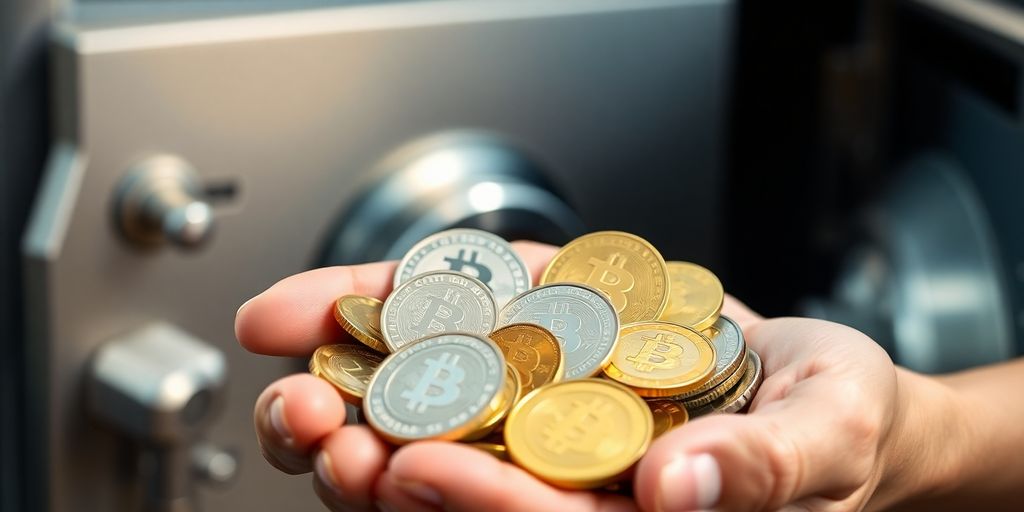 Moedas digitais e um cofre.