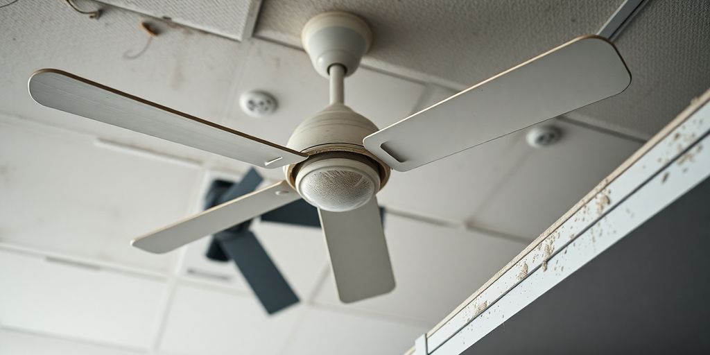 Dusty ceiling fan blades and light fixtures.