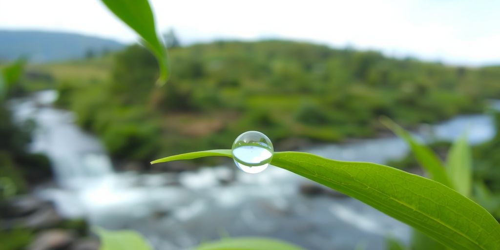 Water droplet on green leaf with a scenic background.
