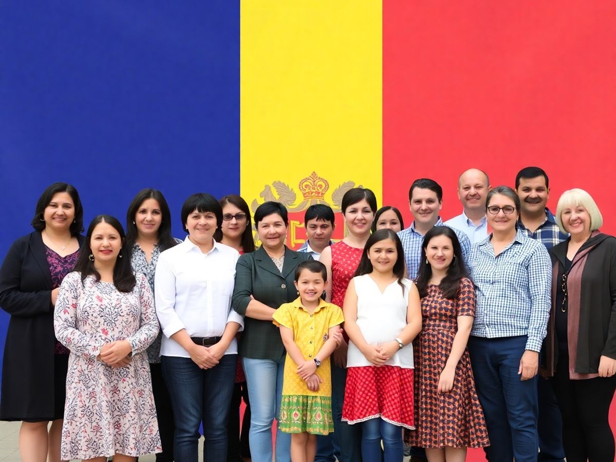 Familie română diaspora, simbolică, pe fundal steaguri
