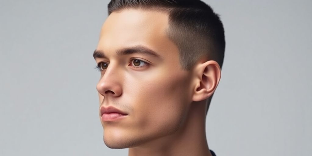 Stylish man with clean haircut against neutral background.
