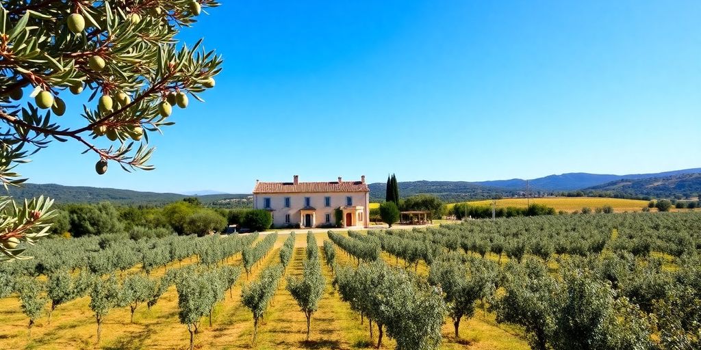 Spanish countryside estate with olive trees and vineyards.