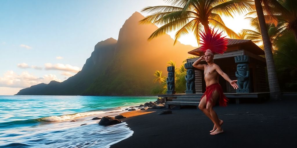 Barefoot dancer in Marquesan barkcloth headdress on black sand shore