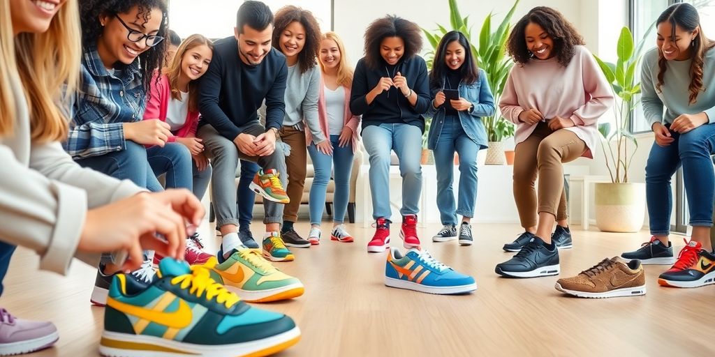 Customers trying on colorful sneakers in bright studio with plants