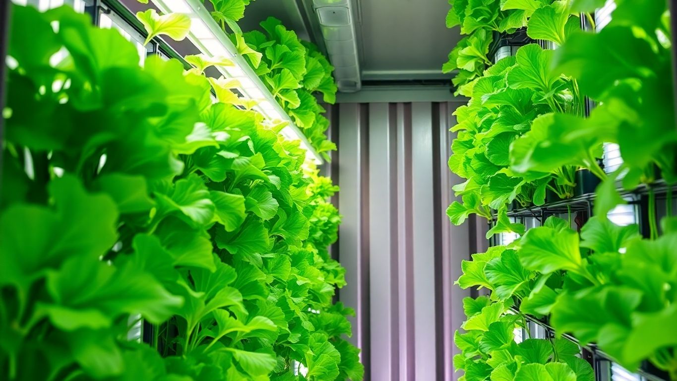 Green plants growing inside a shipping container.