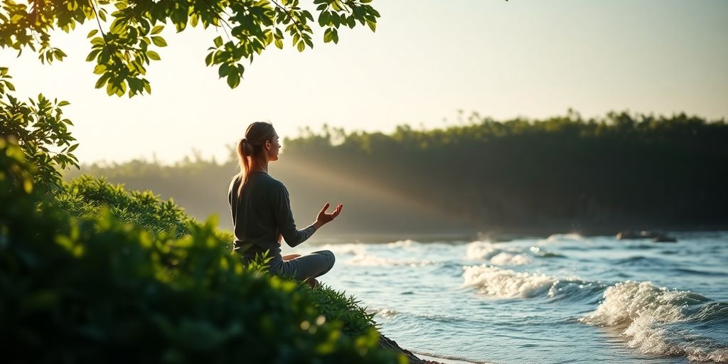 Person meditating peacefully in a serene natural setting.