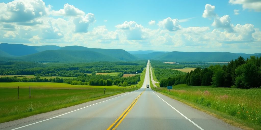Scenic U.S. Route 64 landscape with rolling hills.