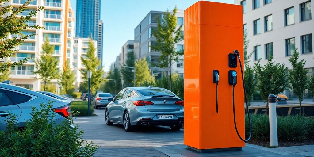 Bright orange EV charging station with parked electric vehicles.