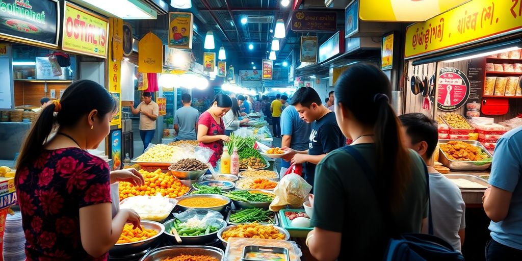 Street food vendors and diners enjoying Thai cuisine in Bangkok.