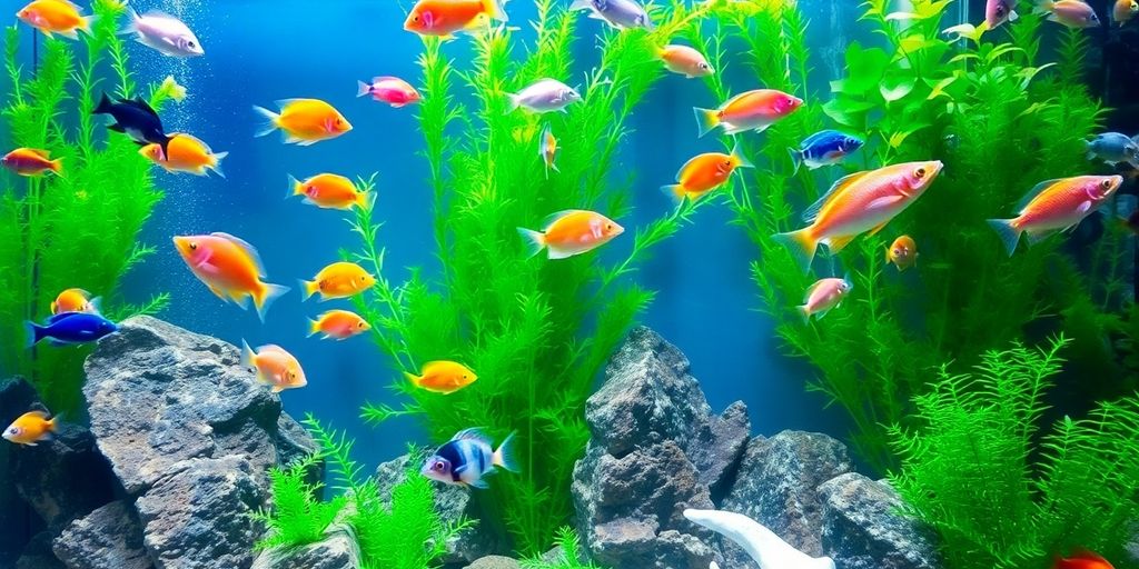 色彩斑斓的鱼在郁郁葱葱的水族箱中游泳。