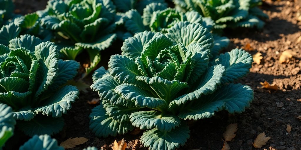 Reife Grünkohlpflanzen in einem Garten.