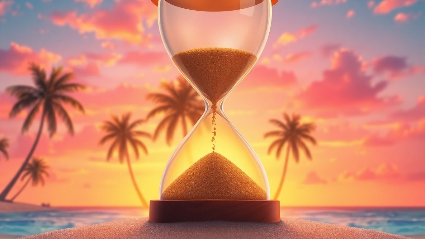 Realistic hourglass with golden sand amid colorful palm trees scene.