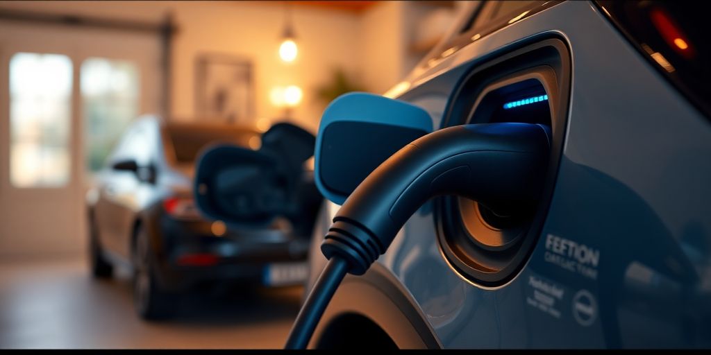 Electric vehicle charging port with cable in a garage.