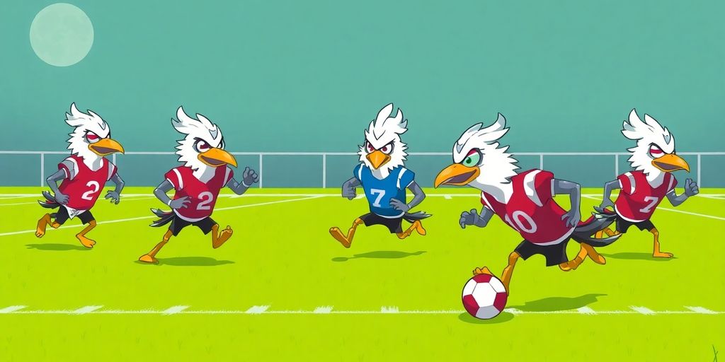 Moonbirds in football uniforms playing on a field.