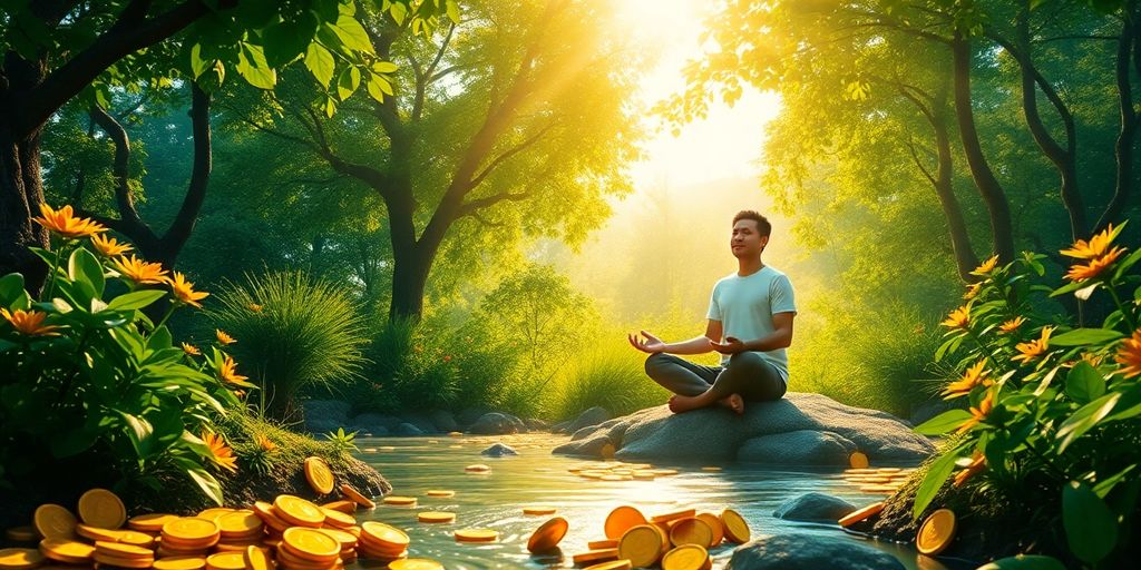 Person meditating in a garden with golden coins around.