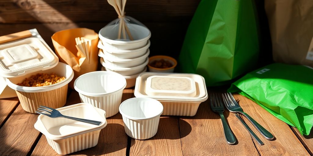 Compostable food packaging arranged for a London eatery.