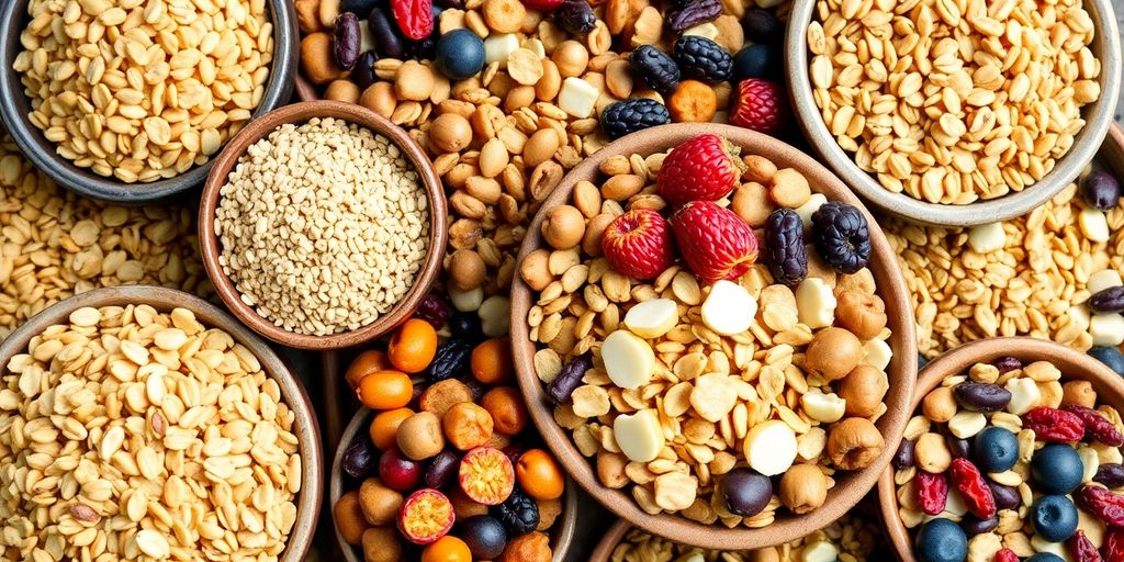 Colourful bowls overflowing with Australian high-fibre cereals.