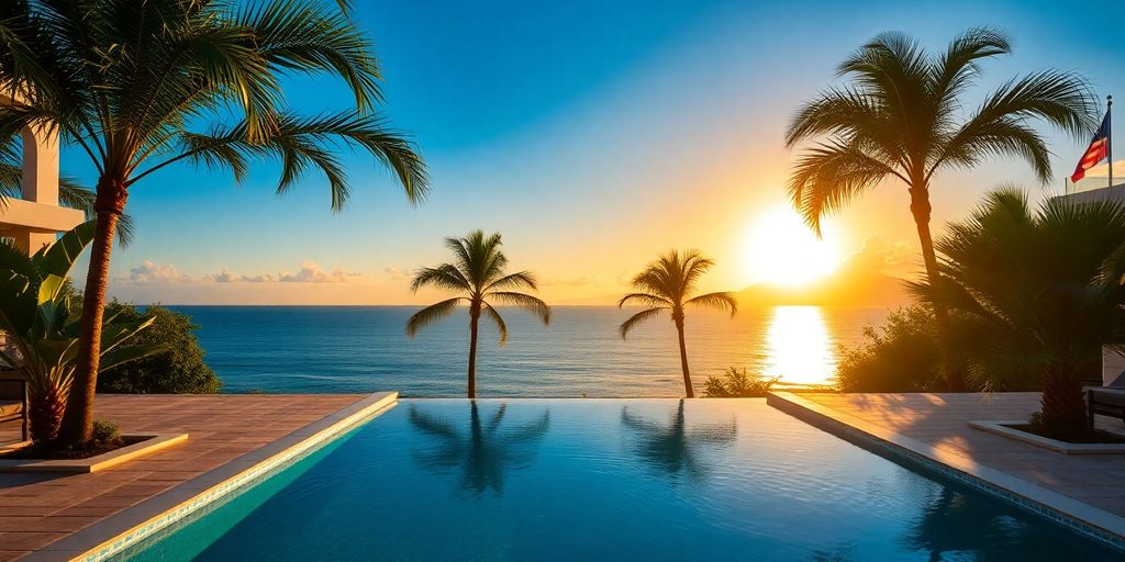 Luxury Cabo villa overlooking a turquoise ocean sunset.