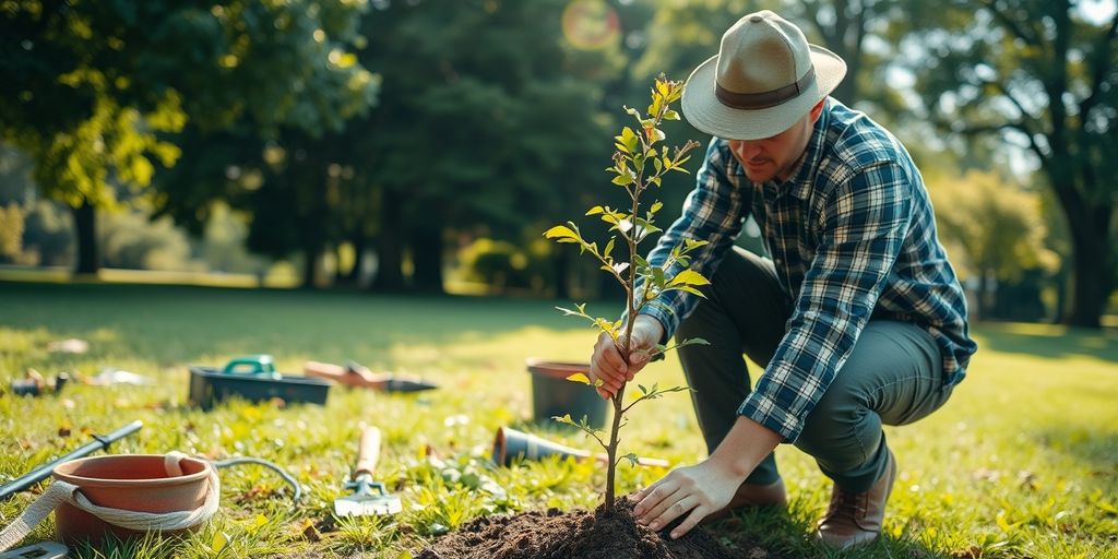 Arborist planting a young tree in a park