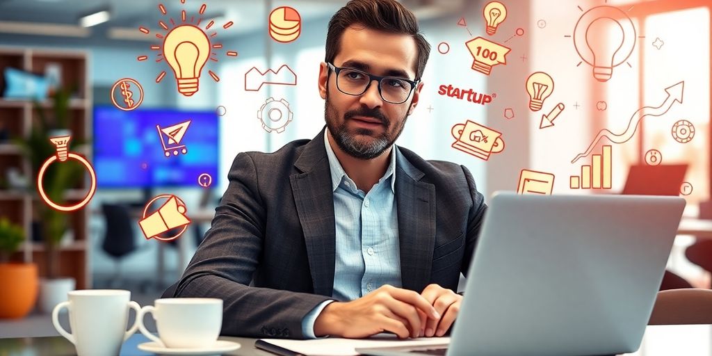 Investor evaluating startup opportunities in a modern office.