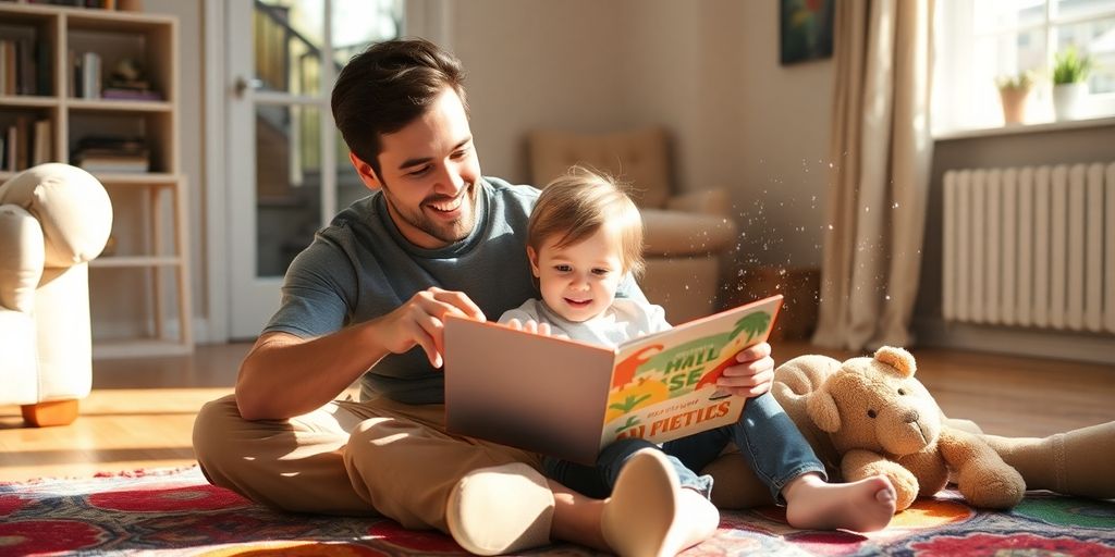 Parent, child reading together on floor.