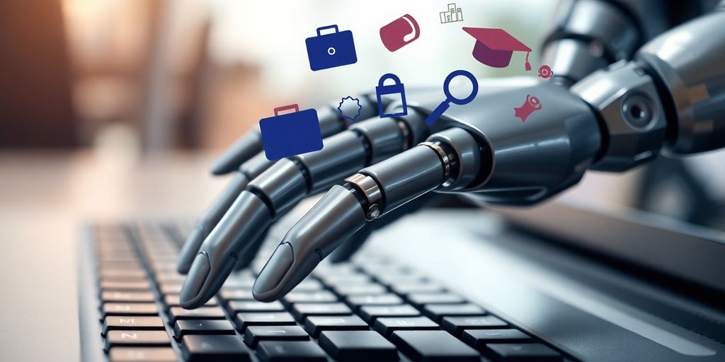 Robot hand on keyboard, job search icons floating.