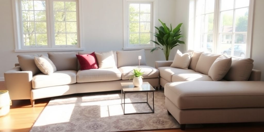 Gray custom sectional sofa in bright living room with pillows.