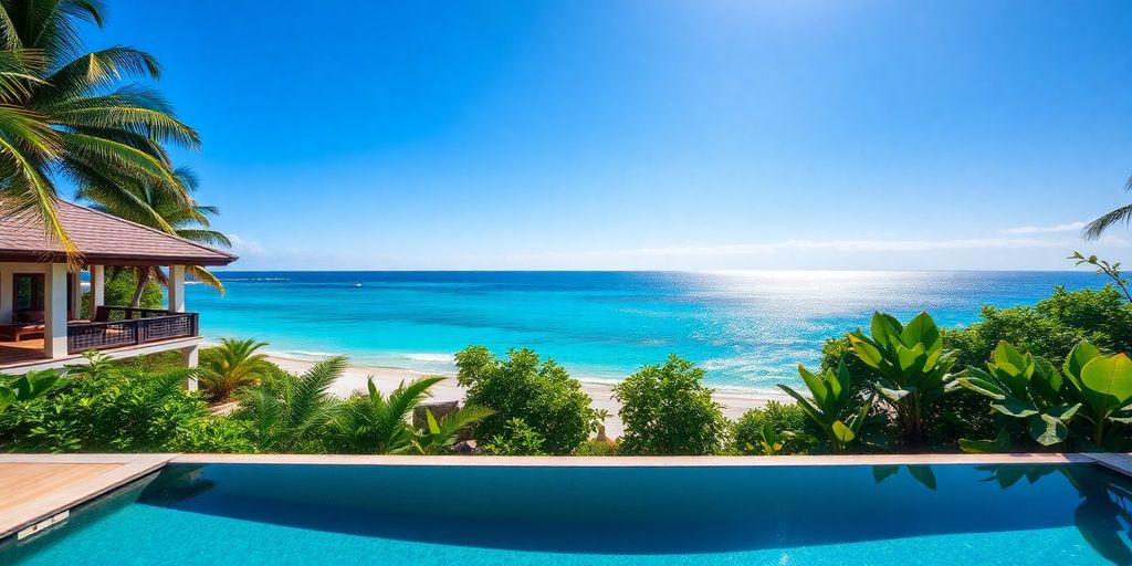 Luxury villa with infinity pool by the turquoise sea.