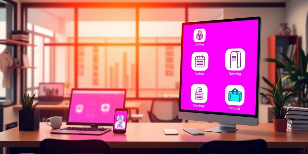 Modern workspace with subscription service icons on devices.
