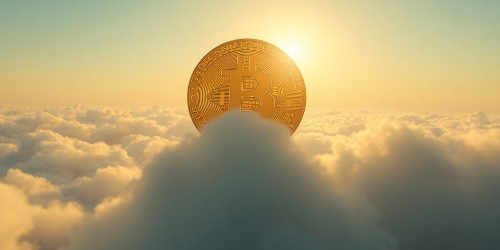 Golden bitcoin rising above cloudscape.