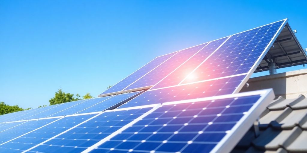 Commercial solar panels on a rooftop under blue skies.