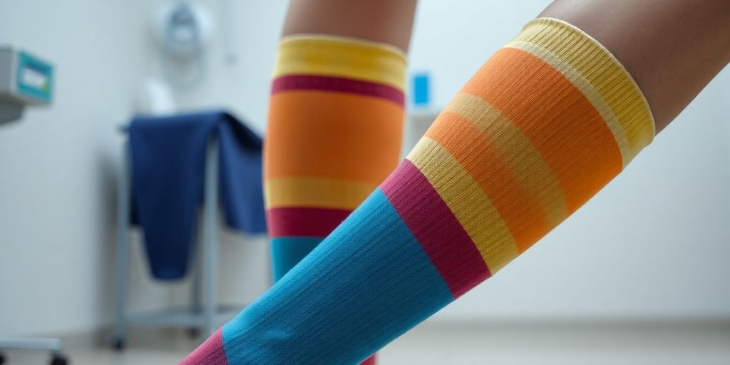 Colorful compression socks worn by a person on feet.