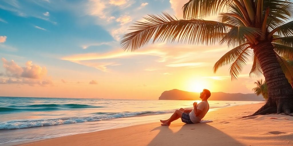 Traveler relaxing on a beach at sunset.