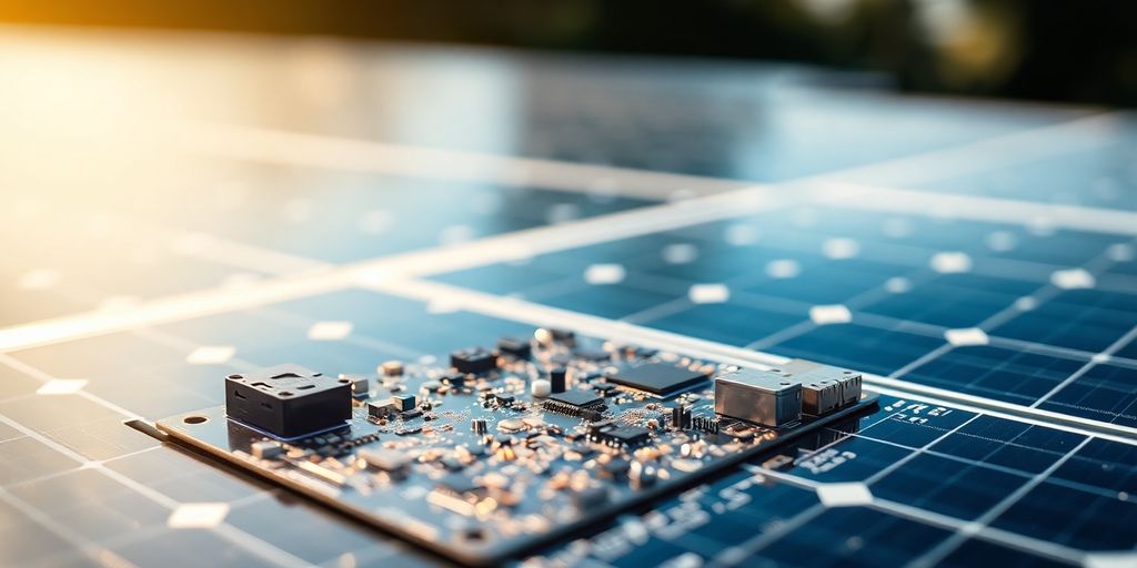 Circuit imprimé français sur fond de panneaux solaires.