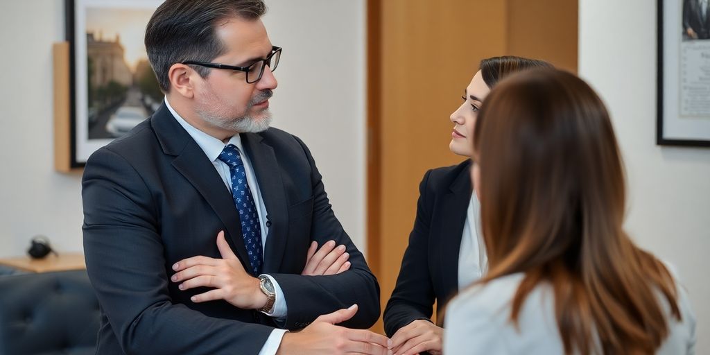 Attorney and client discussing defense strategy in an office.