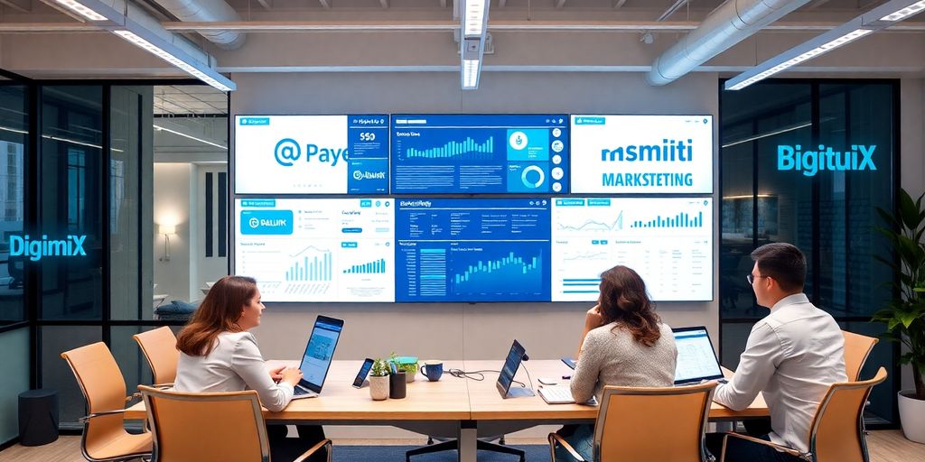 Profissionais de marketing digital em ambiente moderno.